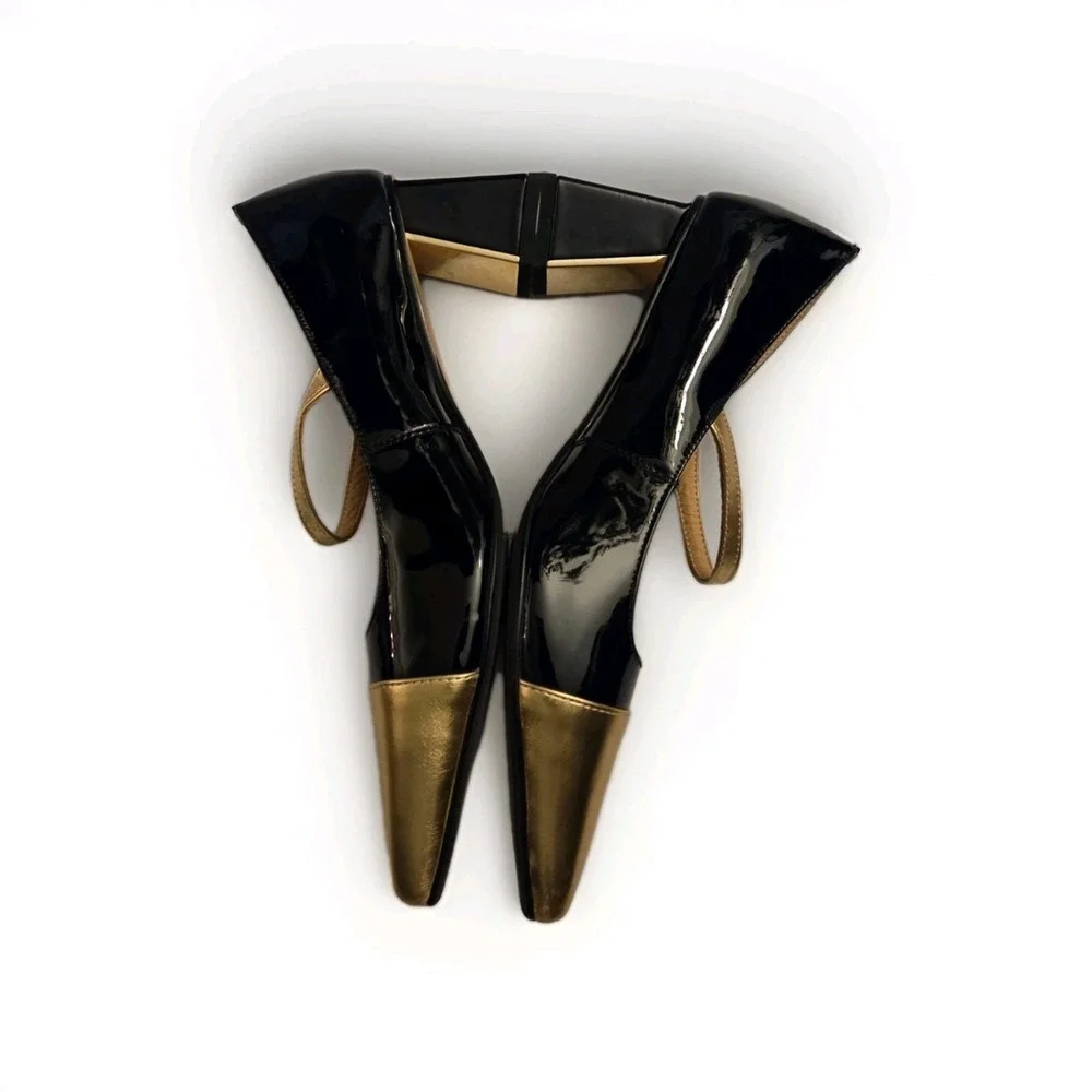 Handmade Vintage Mary Jane Heels Black Gold Cap Toe Patent Leather Size 9 /... - Picture 7 of 12
